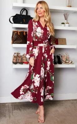 Jolie Moi Kamille Floral Long Sleeve Dress, Dark Red