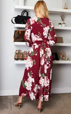 Jolie Moi Kamille Floral Long Sleeve Dress, Dark Red -DRESSES SHOP 2022 01 24 Sasha JolieMoi66