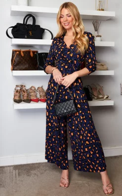 Jolie Moi Melissa Shirt Jumpsuit, Navy Animal
