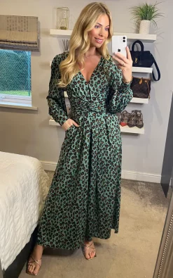 Jolie Moi Kylie Long Sleeve Jumpsuit, Green Animal