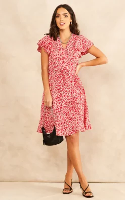 TENKI LONDON Ruffle Sleeve Floral Wrap Midi Dress In Red