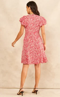 TENKI LONDON Ruffle Sleeve Floral Wrap Midi Dress In Red -DRESSES SHOP 2022 01 27 SF TOM Megan Tenki33112