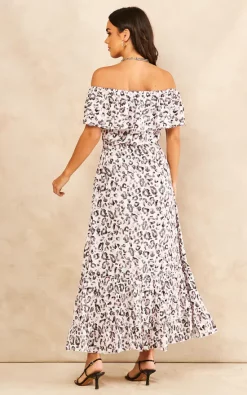 Liquorish Pink Animal Print Off Shoulder Maxi Dress In White -DRESSES SHOP 2022 01 27 SF TOM Mollie Liquorish31415