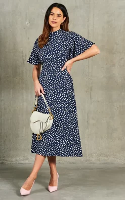 Blue Vanilla Courtney High Neck Angel Sleeve Midi Dress In Navy/White