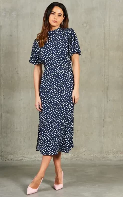 Blue Vanilla Courtney High Neck Angel Sleeve Midi Dress In Navy/White -DRESSES SHOP 2022 01 28 SF TOM Naomi BlueVanilla35408