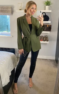 Yumi Tie Waist Wrap Blazer In Khaki