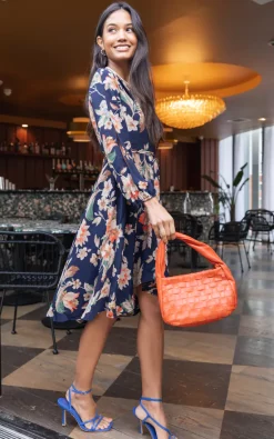 Bella And Blue Split Sleeve Floral Wrap Dress In Navy