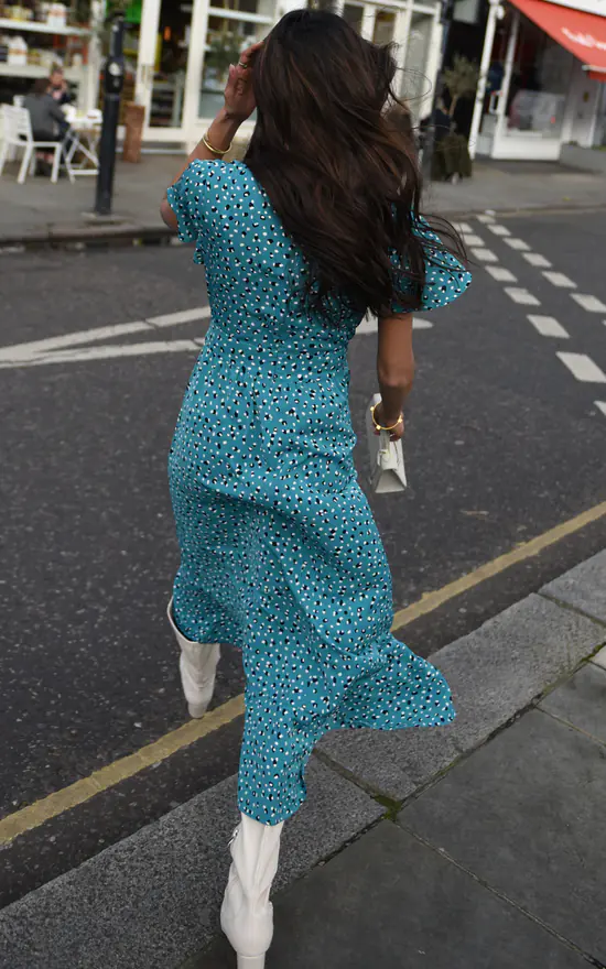 TENKI LONDON Ruffle Sleeve Patterned Ruffle Wrap Maxi Dress In Turquoise Blue 4 TENKI LONDON Ruffle Sleeve Patterned Ruffle Wrap Maxi Dress In Turquoise Blue - Image 4