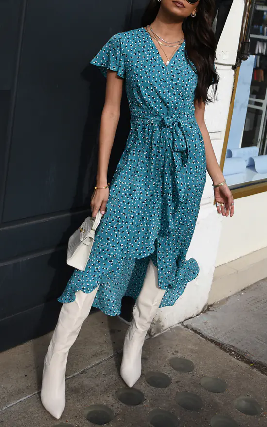 TENKI LONDON Ruffle Sleeve Patterned Ruffle Wrap Maxi Dress In Turquoise Blue 2 TENKI LONDON Ruffle Sleeve Patterned Ruffle Wrap Maxi Dress In Turquoise Blue - Image 2