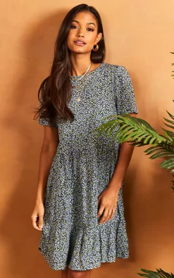 Vila Short Sleeve T Shirt Smock Dress In Black Floral