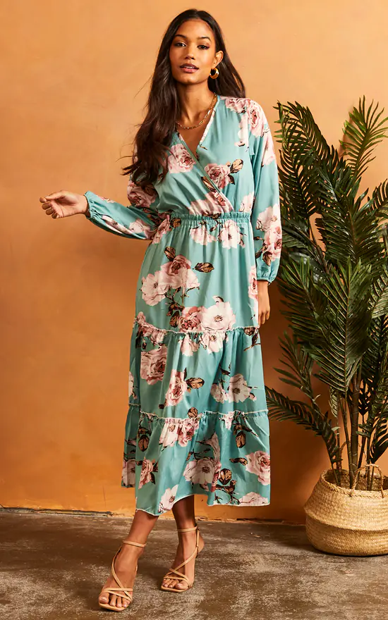 Bella And Blue V Neck Floral Long Sleeve Dress In Green 1 Bella And Blue V Neck Floral Long Sleeve Dress In Green