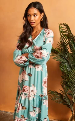 Bella And Blue V Neck Floral Long Sleeve Dress In Green 6 Bella And Blue V Neck Floral Long Sleeve Dress In Green -DRESSES SHOP 2022 02 22 SF TOM Julia bella blue0112