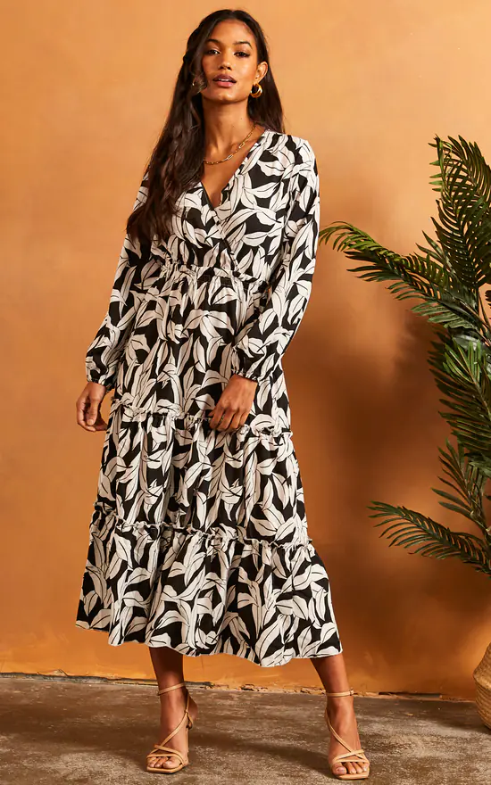 Bella And Blue Long Sleeve V Neck Leaf Print Dress In Black And White 3 Bella And Blue Long Sleeve V Neck Leaf Print Dress In Black And White - Image 3
