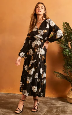 Bella And Blue V Neck Floral Long Sleeve Maxi Dress In Black