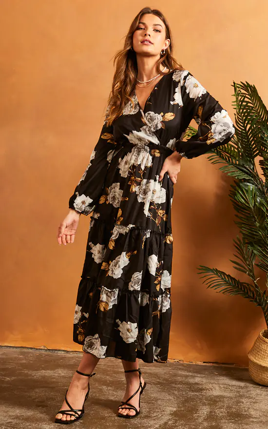 Bella And Blue V Neck Floral Long Sleeve Maxi Dress In Black 1 Bella And Blue V Neck Floral Long Sleeve Maxi Dress In Black