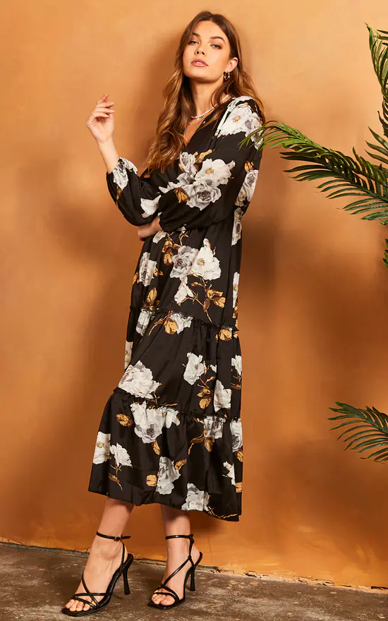 Bella And Blue V Neck Floral Long Sleeve Maxi Dress In Black 2 Bella And Blue V Neck Floral Long Sleeve Maxi Dress In Black - Image 2