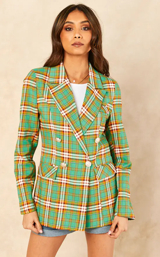 Jenerique Three Button Oversized Blazer In Green/Orange Checked Print 2 Jenerique Three Button Oversized Blazer In Green/Orange Checked Print - Image 2