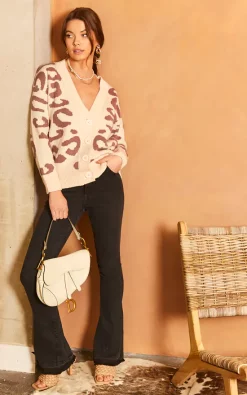 D.Anna Cream And Mink Leopard Button Down Ribbed Knit Cardigan