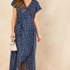 Sarta Polka Dot Midi Wrap Dress Short Sleeve Waist Tie In Navy Blue & White