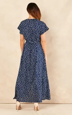 Sarta Polka Dot Midi Wrap Dress Short Sleeve Waist Tie In Navy Blue & White -DRESSES SHOP 2022 03 09 Jen Naomi Sarta10380