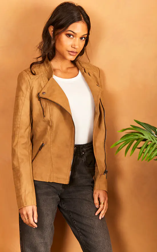 ONLY Faux Leather Biker Jacket In Light Brown 3 ONLY Faux Leather Biker Jacket In Light Brown - Image 3