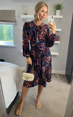 JOLIE MOI Allyn Bow Neck Long Sleeve Dress, Navy Abstract