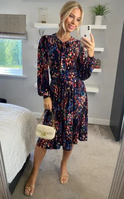 JOLIE MOI Allyn Bow Neck Long Sleeve Dress, Navy Abstract -DRESSES SHOP 2022 03 21 Naomi Shikha2