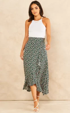 Sarta Green Floral Print Midi Wrap Skirt