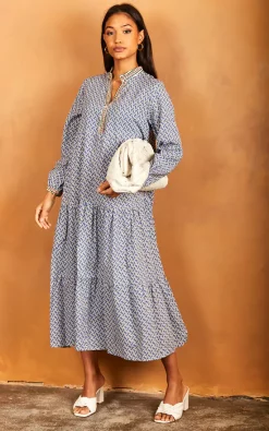 Bella And Blue Geometric Print Long Sleeve Maxi Dress In Blue