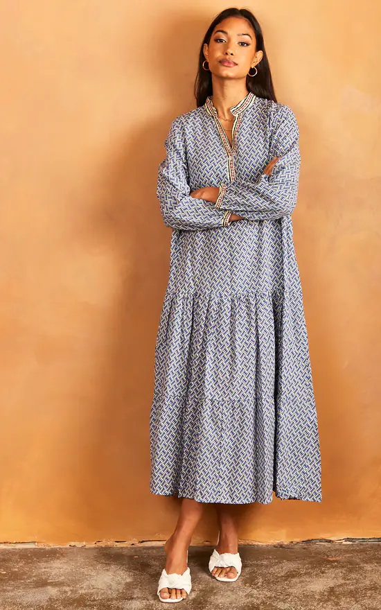 Bella And Blue Geometric Print Long Sleeve Maxi Dress In Blue 2 Bella And Blue Geometric Print Long Sleeve Maxi Dress In Blue - Image 2