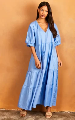 Øst London Tiered Maxi Smock Dress Light Blue