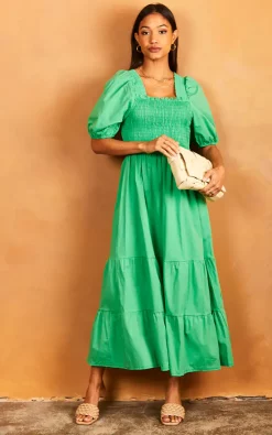 Øst London Bella Midi Shirred Smock Dress With Balloon Sleeves Green -DRESSES SHOP 2022 03 31 Jen Julia OST23932