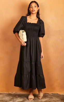 Øst London Bella Midi Shirred Dress With Balloon Sleeves Black -DRESSES SHOP 2022 03 31 Jen Julia OST23982