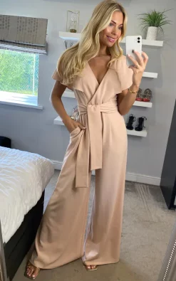 Edie B. Chloe Cape Sleeve Jumpsuit With Tie In Nude