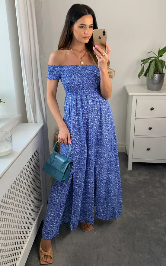 TENKI LONDON Floral Pattern Off Shoulder Bardot Midi Dress In Blue 1 TENKI LONDON Floral Pattern Off Shoulder Bardot Midi Dress In Blue