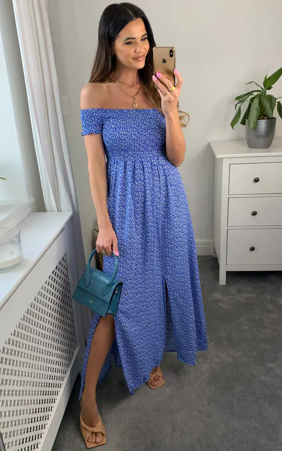 TENKI LONDON Floral Pattern Off Shoulder Bardot Midi Dress In Blue 3 TENKI LONDON Floral Pattern Off Shoulder Bardot Midi Dress In Blue - Image 3