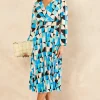 Bella And Blue Long Sleeve Geometric Print Belted Midi Dress In Blue