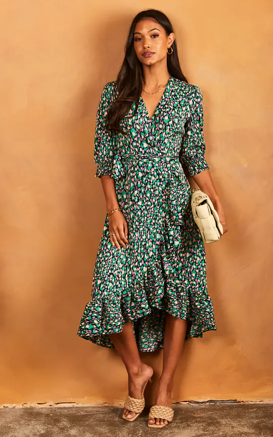 Bella And Blue Midi Wrap Dress With Short Cuff Sleeve In Pink And Green Print 2 Bella And Blue Midi Wrap Dress With Short Cuff Sleeve In Pink And Green Print - Image 2
