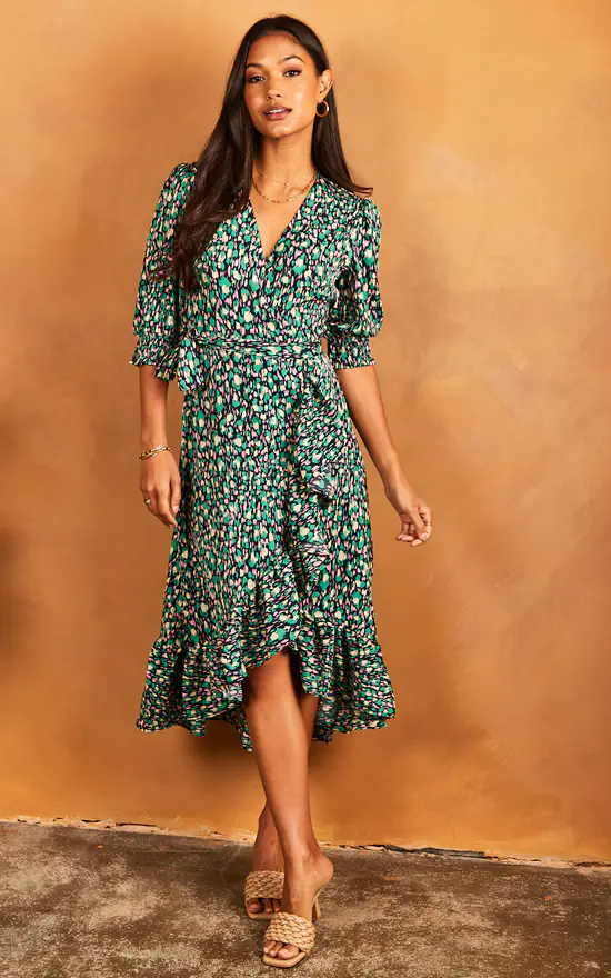 Bella And Blue Midi Wrap Dress With Short Cuff Sleeve In Pink And Green Print 1 Bella And Blue Midi Wrap Dress With Short Cuff Sleeve In Pink And Green Print