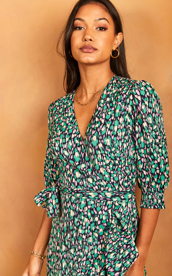 Bella And Blue Midi Wrap Dress With Short Cuff Sleeve In Pink And Green Print 3 Bella And Blue Midi Wrap Dress With Short Cuff Sleeve In Pink And Green Print - Image 3