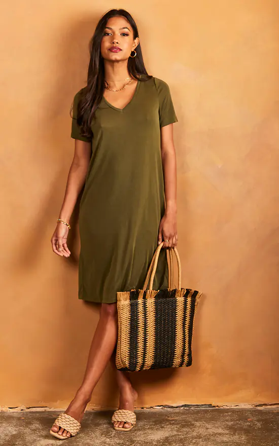 Pieces V Neck T Shirt Dress In Khaki 2 Pieces V Neck T Shirt Dress In Khaki - Image 2