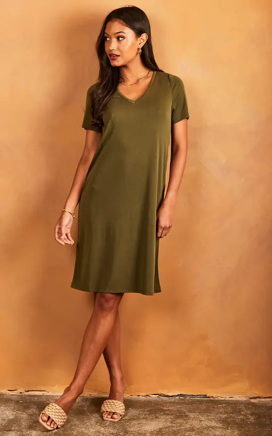 Pieces V Neck T Shirt Dress In Khaki 1 Pieces V Neck T Shirt Dress In Khaki