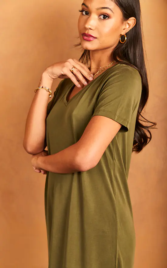 Pieces V Neck T Shirt Dress In Khaki 3 Pieces V Neck T Shirt Dress In Khaki - Image 3
