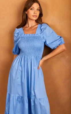 Øst London Bella Midi Shirred Smock Dress With Balloon Sleeves Light Blue -DRESSES SHOP 2022 04 25 Jen Tia OST32575