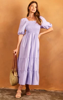Øst London Bella Midi Shirred Smock Dress With Balloon Sleeves Lilac -DRESSES SHOP 2022 04 25 Jen Tia OST32615