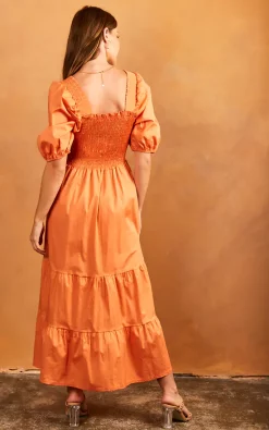Øst London Bella Midi Shirred Smock Dress With Balloon Sleeves Orange -DRESSES SHOP 2022 04 25 Jen Tia OST32658
