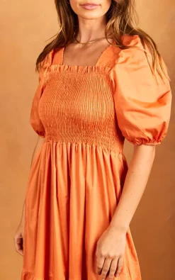 Øst London Bella Midi Shirred Smock Dress With Balloon Sleeves Orange -DRESSES SHOP 2022 04 25 Jen Tia OST32663