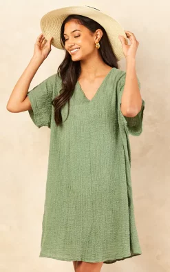 Øst London Tunica Oversized Beach Mini Dress Khaki Green -DRESSES SHOP 2022 05 10 Mollie OST41598