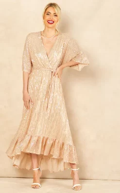 Bella And Blue Sequin Plunge Maxi Dress In Gold