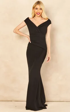 Goddiva Bardot Pleated Occasion Maxi Dress In Black -DRESSES SHOP 2022 05 31 Jen Amy Goddiva39733
